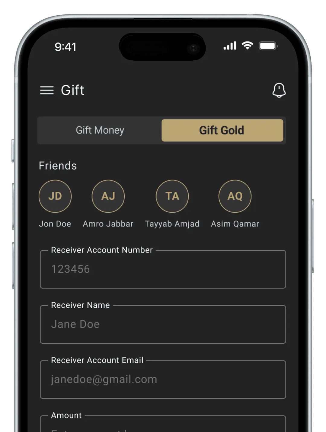 Save in Gold gift interface showing gift money and gift gold options with friends list and transfer details