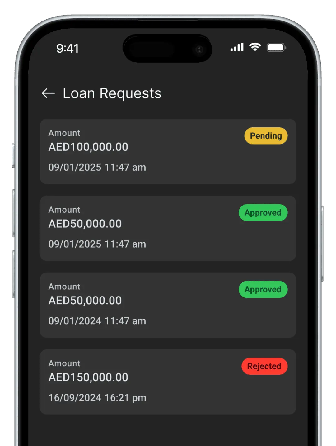 Save in Gold loan requests interface showing approved and pending loan applications with amounts in AED